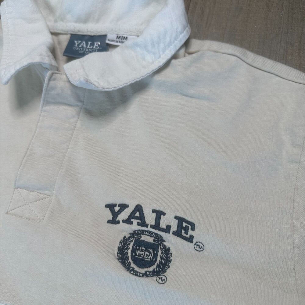 Cotton On Men's Medium M Yale University Rugby Beige White Striped Collared Shir